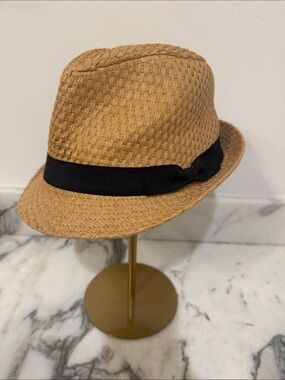 Straw Fedora Hat with Black Band - Tan